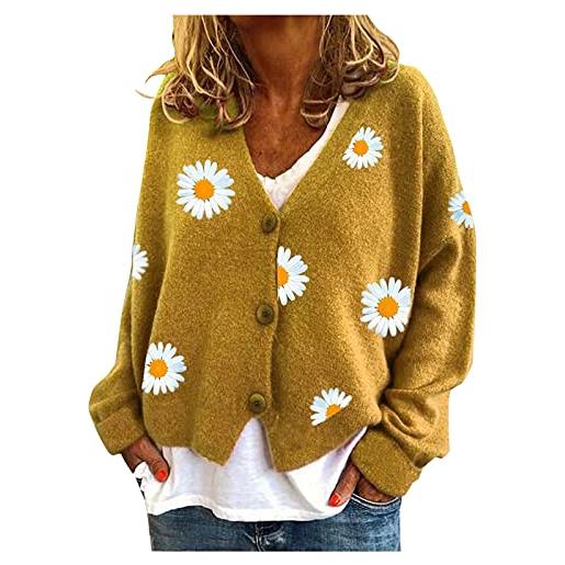 Generisch maglione da donna invernale elegante cappotto cardigan stampa margherita manica lunga felpa con scollo a v corto elegante maglione top top, giallo. , s
