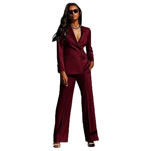 Leader of the Beauty picco risvolto doppio petto 2 pezzi abiti da lavoro della signora vestito casual giacca e pantalone, borgogna, xs