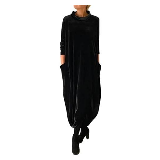 Generic maxi abiti in velluto da donna uk tinta unita abito da festa a maniche lunghe elegante scollo rotondo abiti da cocktail da donna abiti lunghi larghi abito a tunica taglie forti abiti casual con tasche