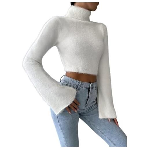 SHINROAD pullover da donna in peluche maglione corto da donna maglione corto collo alto svasato manica lunga tinta unita slim fit casual top, bianco, l