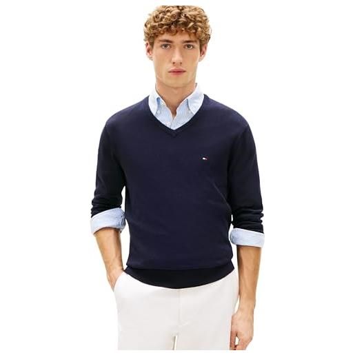 Tommy Hilfiger maglione da uomo essential cotton con scollo a v mw0mw42249dw5004, blu, l