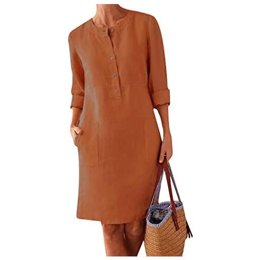 OMZIN donna abito in cotone e lino casual manica 3/4 baggy allentato estate tasche blu reale m