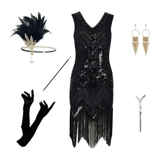 Vhersily capodanno 2025 abito da sera da donna anni '20, abito anni 20 vestito charleston donna, con scollo a v, con perline e frange, set di accessori 20