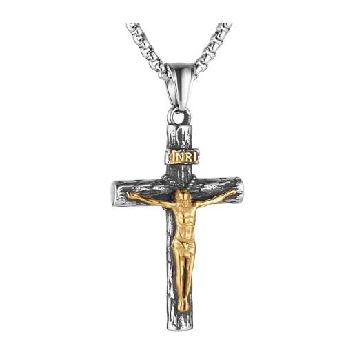 Collana Uomo Con Ciondolo Croce In Acciaio Inossidabile - Gioiello Cristiano Unisex, Catena 60 Cm (24")