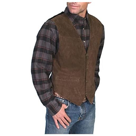 Generic gilet da uomo in pelle scamosciata, stile western, da cowboy, senza maniche, con tasca, scollo a v, abbottonatura, gilet uomo marrone, m