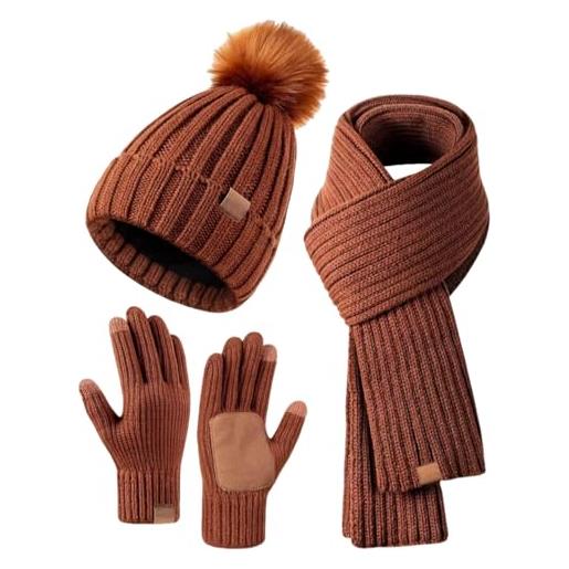 3 in 1 Cappello di Lana Guanti e Sciarpa Set Invernale da Donna, Berretti In Maglia, Invernale Cappello Sciarpa Guanti, Caldo Maglia Berretto Cappelli Sciarpe Lunghe Guanto Regalo per Donna Natale