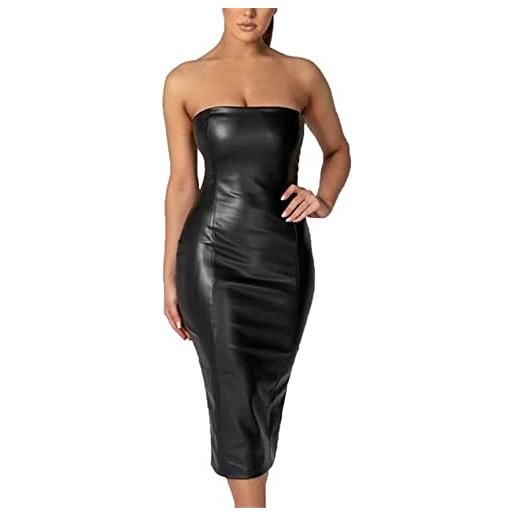 MANYMANY abito longuette aderente in ecopelle sexy senza spalline per donna abiti in pelle pu con top a tubino da club alla moda