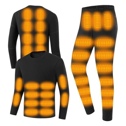 Gueploer biancheria termica riscaldata da uomo, set di pantaloni lunghi termici con 52 zone di riscaldamento, maglia e pantaloni di base caldi per caccia e moto, nero, xl