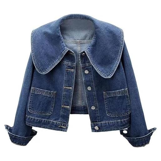 Generisch giacca corta di jeans da donna per il vestito, elasticizzata, di grandi dimensioni, per le mezze stagioni, a maniche lunghe, oversize, elegante blazer di jeans con tasche sul petto, giacca estiva