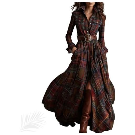 Generic maxi abito da donna a maniche lunghe, con bottoni sul davanti, scollo a v, risvolto e bottoni, orlo asimmetrico, a quadri, maxi abito a camicia, rosso, xl