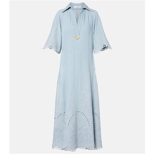 Zimmermann abito midi in denim daylight con ricamo