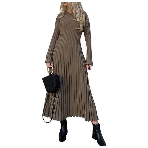 Abito da donna a collo alto, per l'inverno, a maglia, in tinta unita, lungo, in lana, a maglia, con collo alto, beige., M