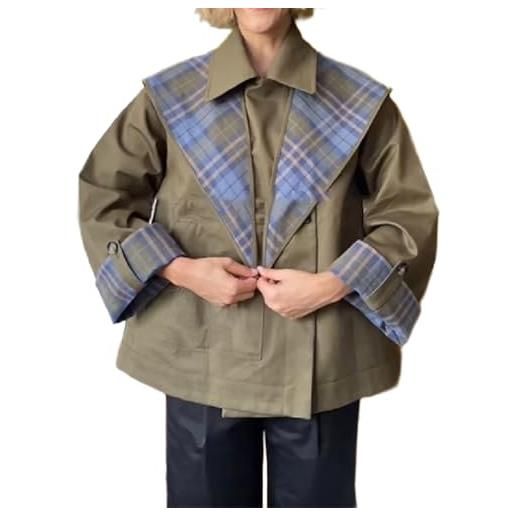 Generic trench corto da donna autunno notch collare plaid giacca oversize reversibile con tasche (oliva, m)
