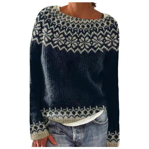 Generic maglia lupetto donna maglione montagna donna maglione retrò lavorato a maglia da con stampa isle casual ampio girocollo manica lunga leggero smanicato blue s