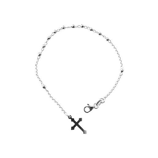Bracciale Rosario Sinfonie In Argento 925 Con Perline Nere Onice, Lunghezza Regolabile 17.5-20.5 Cm, Uomo E Donna, Croce E Madonna