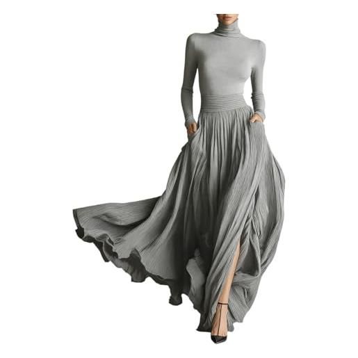 Minetom vestito elegante donna lungo collo alto manica lunga con tasche abito con side spaccato casual autunno inverno tinta unita a nero s