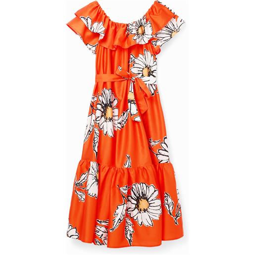 Desigual, abito midi volant margherite, cotone, arancione, l
