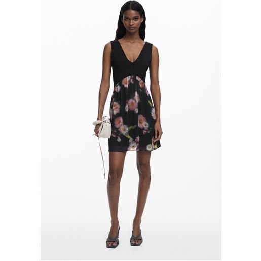 Desigual, abito corto bimateriale a fiori, donna, nero, l