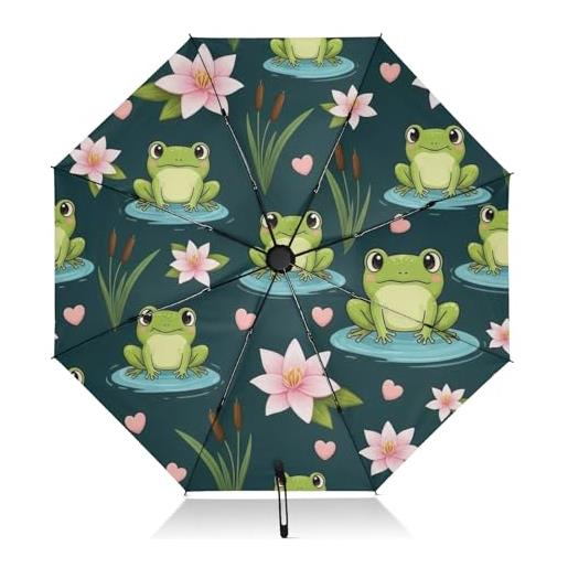 GAIREG ombrello pieghevole con rane in stile cartone animato, con apertura automatica e chiusura automatica, ombrello compatto da viaggio per sole e pioggia, antivento a 8 costole, impermeabile