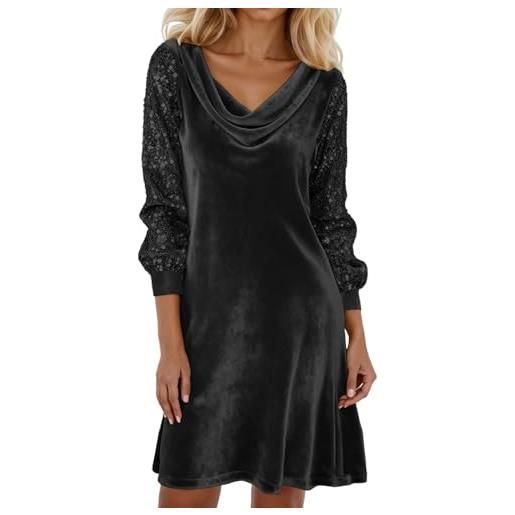 Lggwunsi vestito donna invernale curvy - abito da donna a maniche lunghe, con paillette, patchwork in velluto, elegante, tinta unita, con risvolto, per feste di capodanno, oro, xl