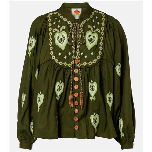 Farm Rio blusa in misto lino con ricami