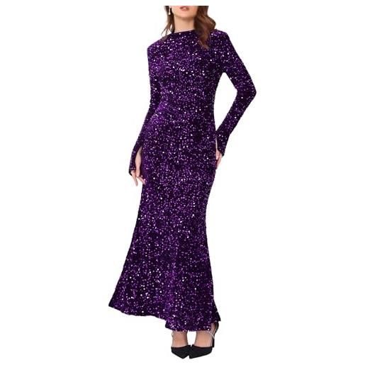 WOMLAYOUT donna abito lungo con paillettes girocollo in velluto aderente a maniche lunghe da cocktail e da sera nero m