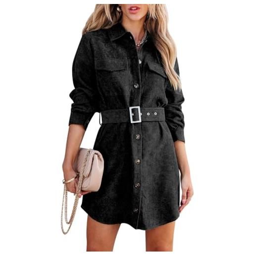 ORANDESIGNE vestito camicia donna elegante corto invernale velluto a coste mini abito cerimonia curvy camicetta aperta davanti con bottoni costine giacca vestitino con cinture a grigio xl