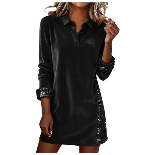 Lggwunsi vestito donna elegante - abito da donna a maniche lunghe, con paillette, patchwork in velluto, elegante, tinta unita, con risvolto, per feste di capodanno, rosa, xl