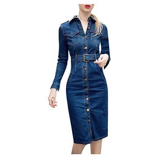 OnaiC abito in jeans da donna a maniche lunghe - abito invernale con cintura bodycon abito in blusa con bottoni abito in denim abito a v con cintura abito a matita mini abito sexy abito lungo elegante