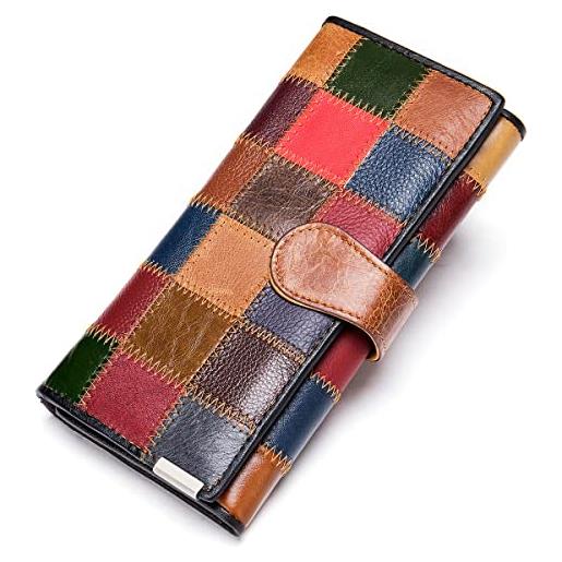 Karoukee grande portafoglio da donna patchwork fatto a mano, porta carte di credito porta monete in vera pelle colorata, pochette clutch per cellulare con 3 finestre id e cerniera scomparto