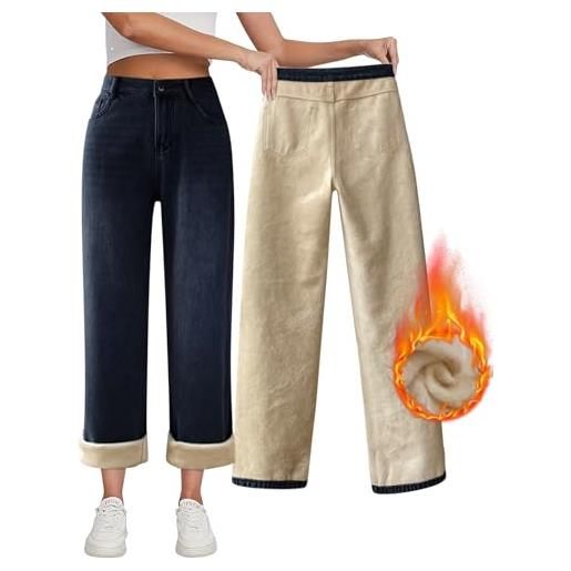 Onsoyours pantaloni pile donna a vita alta baggy jeans diritti invernali imbottiti termici jeans pantaloni denim foderati in pile a blu scuro l