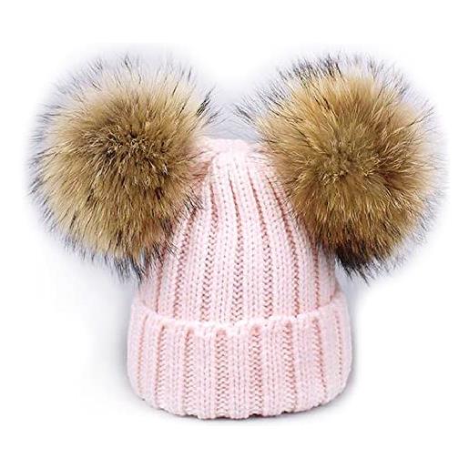 LAUSONS Berretti invernali da donna cappelli in maglia berretto a coste con doppio pompon in pelliccia sintetica rimovibile Noir