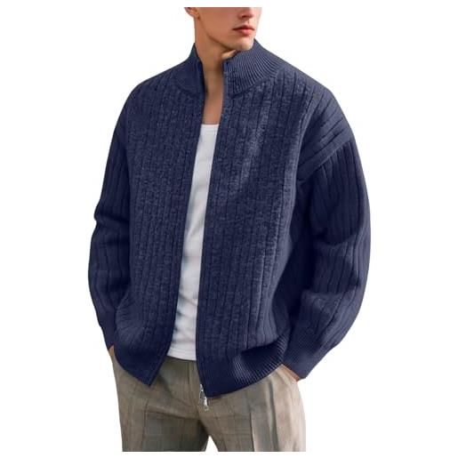Duohropke maglione da uomo con colletto alto, caldo, a maniche lunghe, lavorato a maglia fine, maglione invernale con chiusura lampo, maglione a collo alto, spesso e caldo, giacca in pile, blu marino