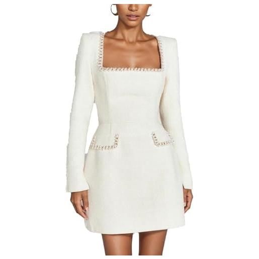 YongXinMY elegante mini abito da donna in tweed, vintage, con scollo quadrato, decorato con perle, a maniche lunghe, corto, svasato, per feste, cocktail, balli, formali, affari, retrò, chic, autunno inverno, 