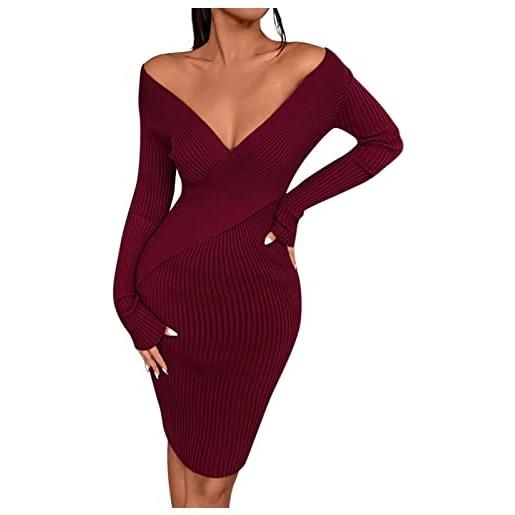 PAIDAXING tubino maglia abito aderente longuette a vita alta elasticizzato a vita alta da donna con scollo a v e maniche lunghe maglia lunga invernale
