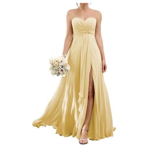 HPPEE abito da damigella d'onore da donna in chiffon con spacco, plissettato, lungo, senza spalline, abito da sera formale, giallo, 40