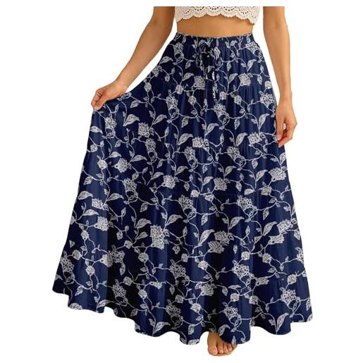 Moomaya gonna da resort in cotone con tasche da donna | maxi gonna estiva a strati | abbigliamento da vacanza da 101 cm | abito da vacanza morbido, blu & bianco, 3xl