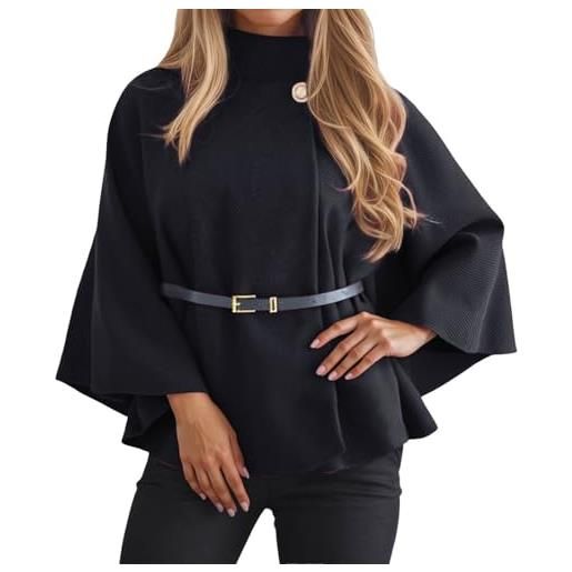 Generico scialle donna elegante elegante poncho da donna in misto lana corto con collo alto scialle mantello manica a pipistrello 3/4 giacca invernale in lana trench outwear con cintura