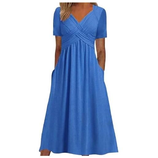 Generisch 2025 donna moda solida manica corta casual sciolto abito lungo con tasche abiti estivi al ginocchio con maniche, blu, s