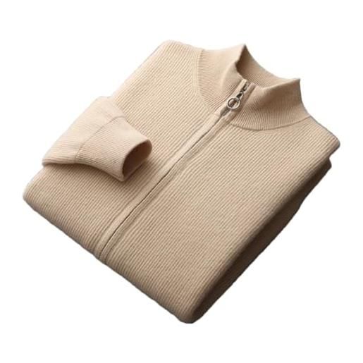 Dninmim cardigan da uomo in cashmere lavorato a maglia, collo alto, cappotto con cerniera, in lana, per autunno e inverno, giacca spessa, beige, s