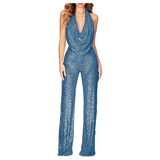 Yekdmxop tuta elegante donna tute donna eleganti con paillettes completo donna scollo a v sexy jumpsuit brillantini one piece abiti da sera interi playsuit monopezzi a gamba larga senza maniche cerimonia