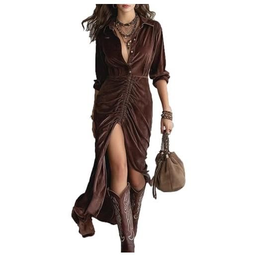 cffvdiz vestito da cowgirl western vintage da donna manica lunga camicia con bottoni e spacco vestito lungo in velluto, marrone, xl