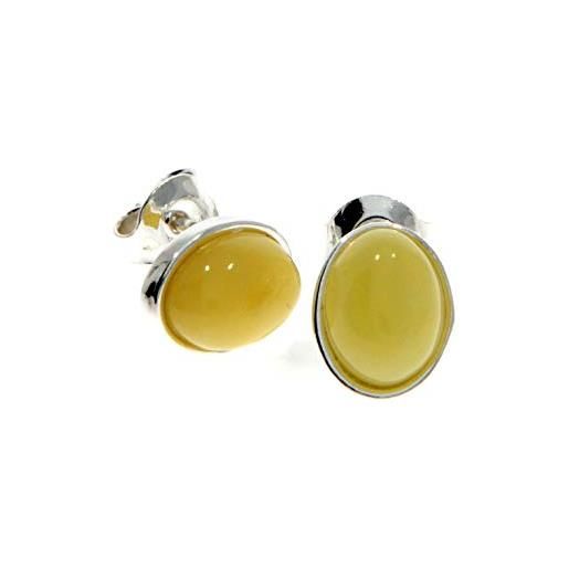 Orecchini A Bottone Ovali In Argento 925 E Ambra Baltica - Piccoli, 1,5 Cm, Disponibili In 3 Colori, Limone