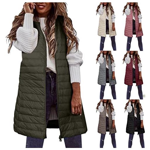 Generisch gilet trapuntato da donna, gilet invernale lungo, leggero, senza maniche, con cappuccio, caldo, per le mezze stagioni, elegante cappotto invernale, per lo sport, per le attività all'aria aperta, beige