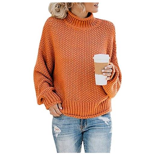 Aublinto dolcevita donna maglia grossolana tinta unita treccia casual manica lunga maglione caldo, colore: arancione. , xl