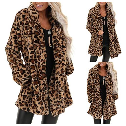 Generico cappotto pelliccia sintetica donna giacca peluche leopardo caldo invernale giubbotto cardigan fronte aperto maniche lunghe outwear elegante