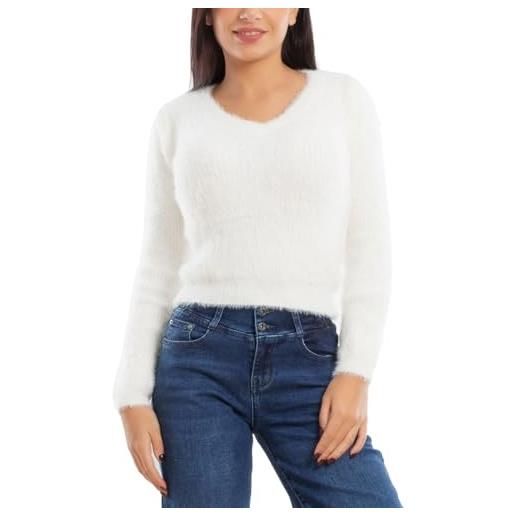 Toocool maglione donna peloso pullover corto aderente invernale scollo v 9390 [panna, s/m]