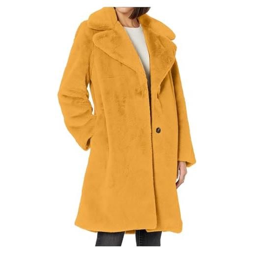 Generisch cappotto lungo da donna con colletto a risvolto - morbido cappotto monopetto in morbida pelliccia sintetica | cappotto di peluche alla moda e caldo per l'inverno, stil_k03 giallo, xxl