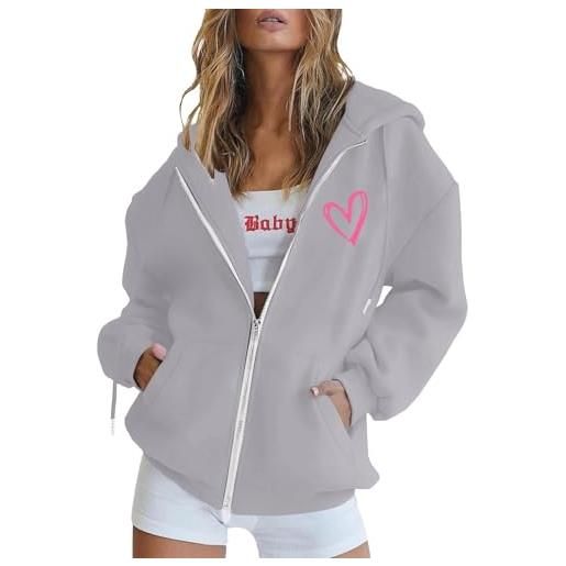 Generisch maglione lungo da donna, casual, felpa con cappuccio e felpa con cerniera, maniche lunghe, tasca e coulisse in pile, perfetto da indossare tutti i giorni e da indossare in inverno con strass, grigio