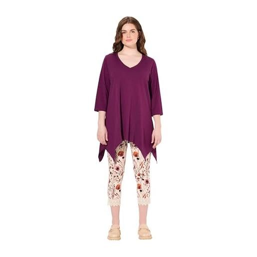 Ulla Popken maglia in cotone biologico con orlo a punte, scollo a v e maniche a 3/4 berry forestale 50+ 808082833-50+